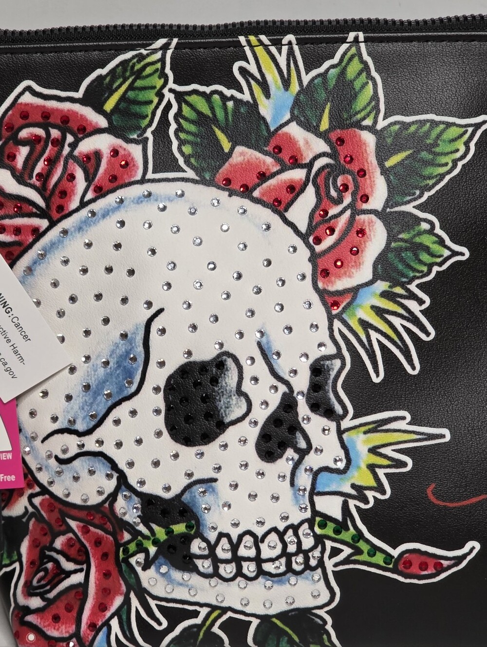 Ed Hardy Rhinestone Skull & Rose Black Faux Leather Cosmetic Travel Makeup Bag - Picture 4 of 8